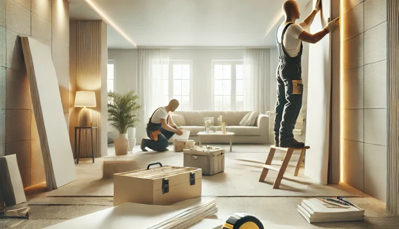 DALL·E 2025-01-25 23.11.10 - A professional and modern image showcasing interior construction (Innenausbau) with a focus on working with gypsum boards (Gipsplatten). The scene fea