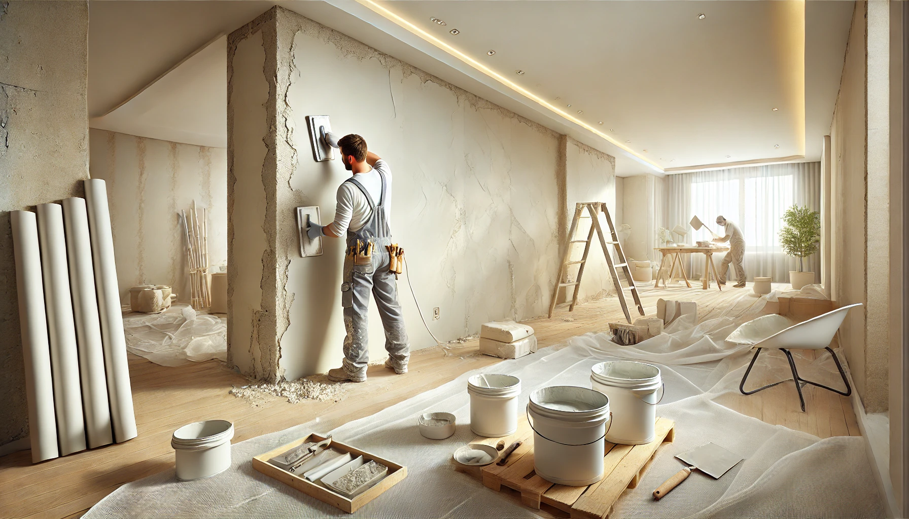 DALL·E 2025-01-18 23.20.22 - A detailed and realistic scene representing Innenputz (interior plastering). The image showcases a professional interior construction setting where wo