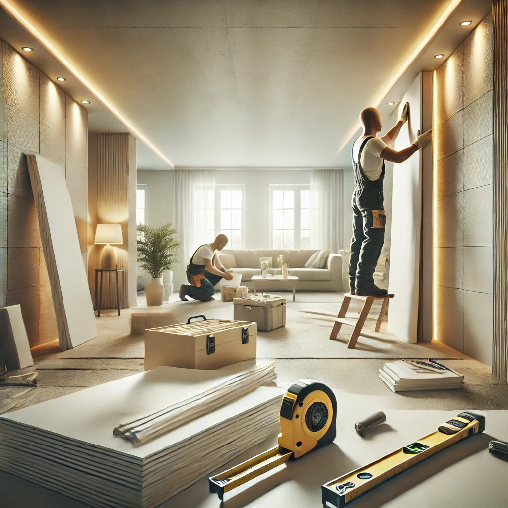 DALL·E 2025-01-25 23.11.10 - A professional and modern image showcasing interior construction (Innenausbau) with a focus on working with gypsum boards (Gipsplatten). The scene fea